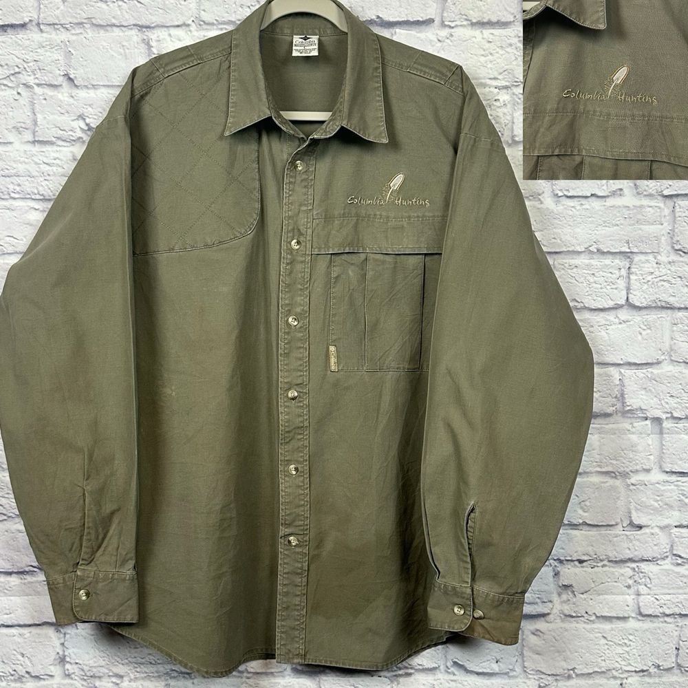VTG 90s‎ Columbia Hunting Shirt Mens L Green Briarshun Shooting Pad Embroidered